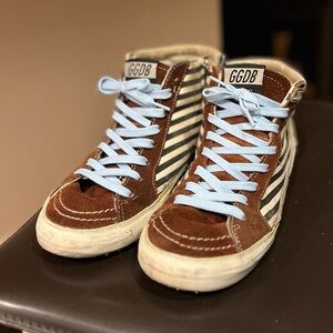 Golden Goose Striped Sneakers with Brown and Green Accents